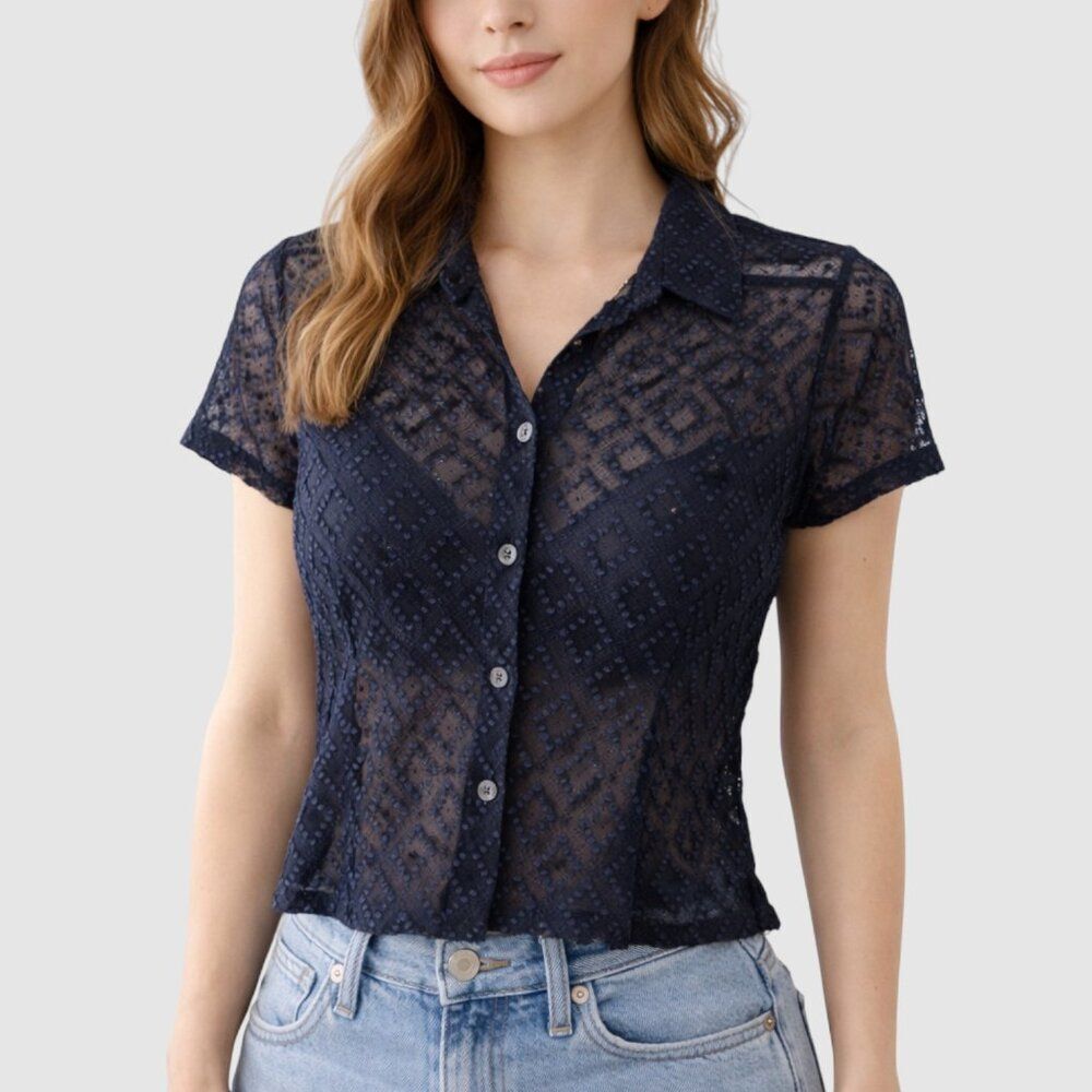 GUESS Collection Sheer Lace Button Blouse Top Size S Navy Blue Y2K Vintage